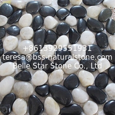 China White Mixed Black Pebble Mosaic,Polished Cobble Stone On Mesh,River Stone Mosaic Sheet,Meshed Pebbles supplier